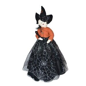 Vtg‎ Willa Witch Primitive Hallmark Halloween Black Spider Web dress doll